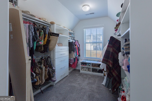 spacious closet featuring carpet flooring and vaulted ceiling