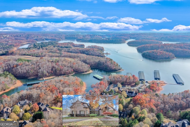 aerial view featuring a water view