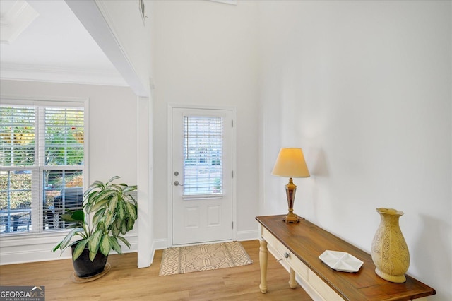 entryway with wood-type flooring and ornamental molding