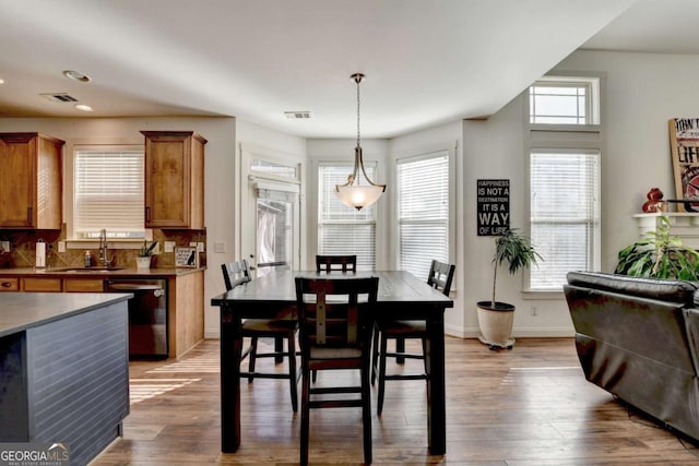 dining space featuring sink, a healthy amount of sunlight, and hardwood / wood-style flooring