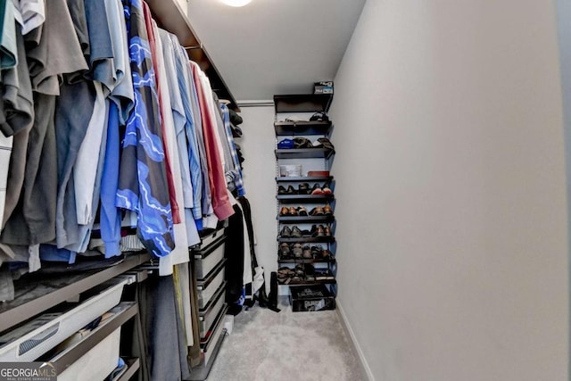 spacious closet featuring light colored carpet