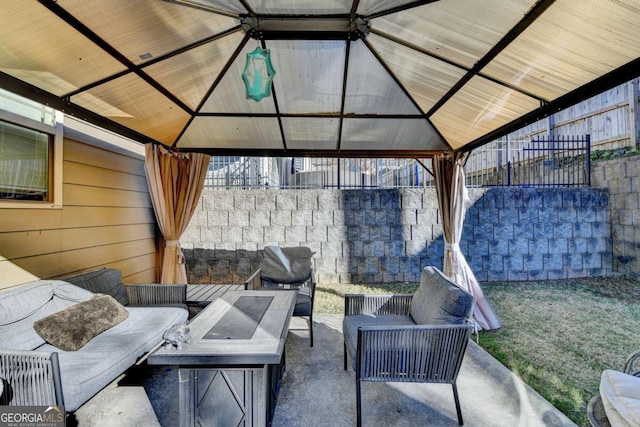 view of patio / terrace with a gazebo and outdoor lounge area