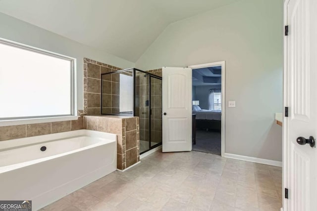 bathroom with plus walk in shower and lofted ceiling