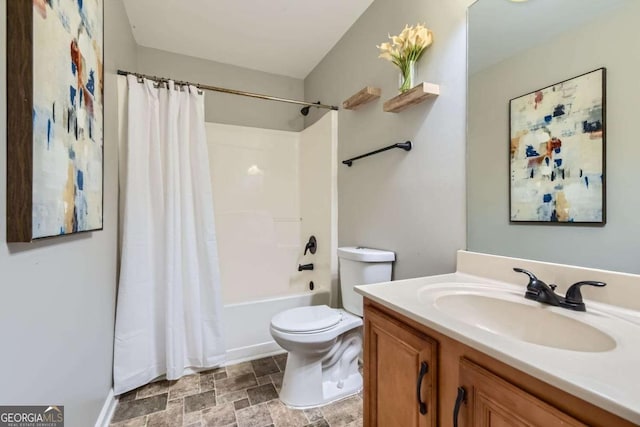 full bathroom featuring vanity, toilet, and shower / bathtub combination with curtain