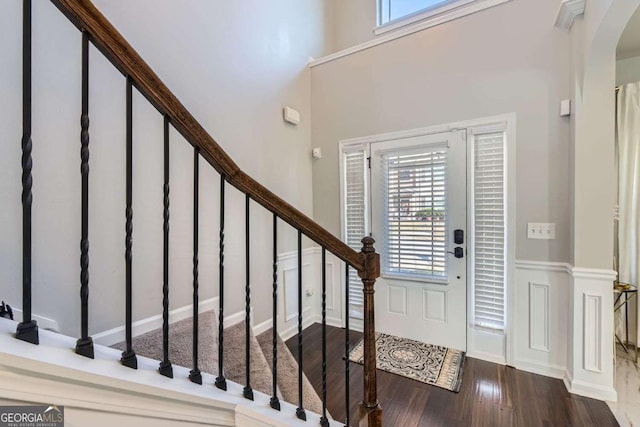 foyer entrance with a towering ceiling, a healthy amount of sunlight, and hardwood / wood-style flooring