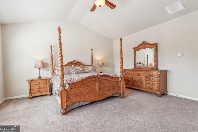 carpeted bedroom with ceiling fan and lofted ceiling