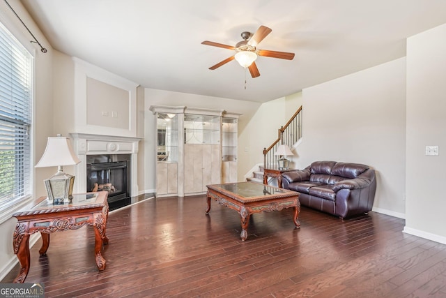 living room featuring ceiling fan and dark hardwood / wood-style floors