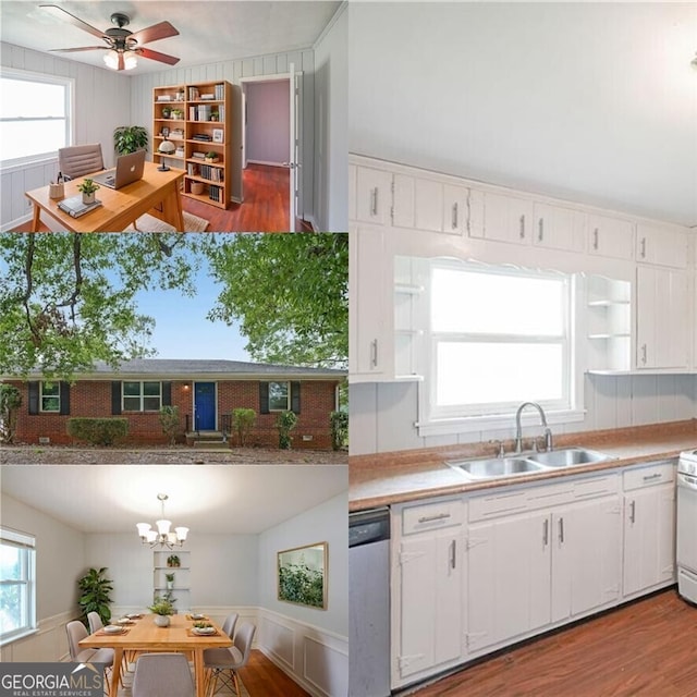 kitchen featuring dishwasher, sink, plenty of natural light, white cabinets, and ceiling fan with notable chandelier