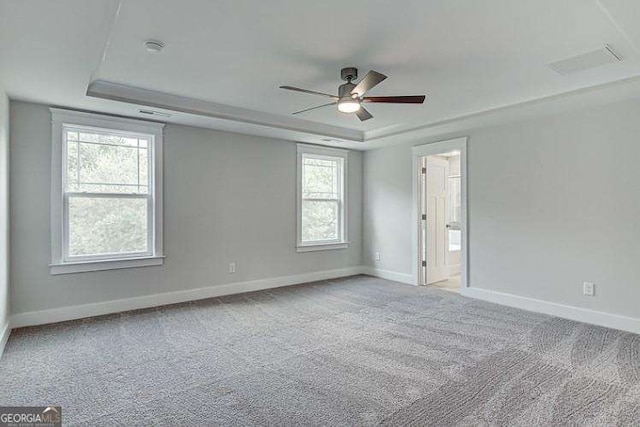 unfurnished room with a raised ceiling, light colored carpet, and a healthy amount of sunlight