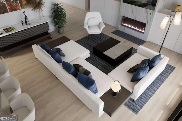 living room with light wood-type flooring and a high end fireplace