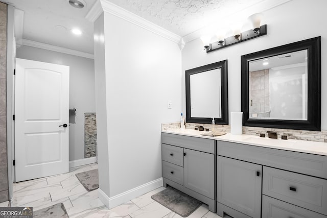 bathroom featuring a textured ceiling, vanity, ornamental molding, and backsplash
