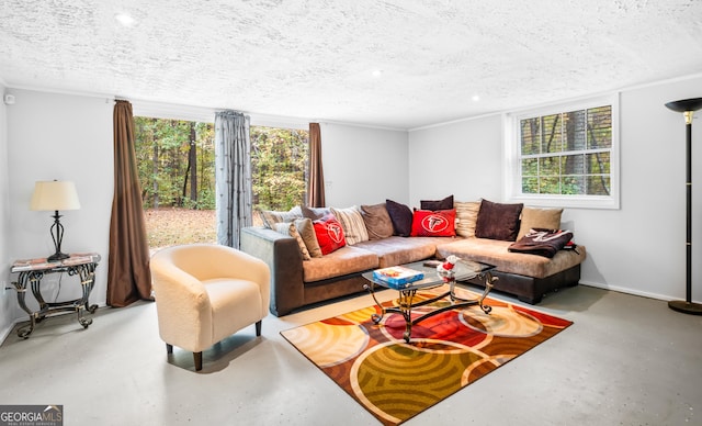 living room with concrete flooring and a textured ceiling