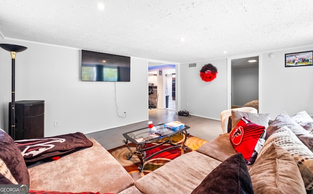 living room with a textured ceiling