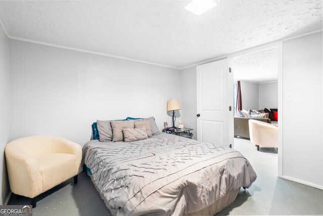 bedroom featuring crown molding, concrete floors, and a textured ceiling