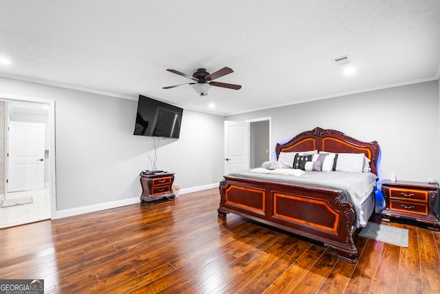 bedroom with ceiling fan, dark hardwood / wood-style flooring, and crown molding