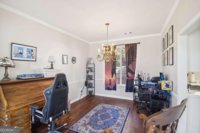 office with a chandelier, crown molding, and dark wood-type flooring