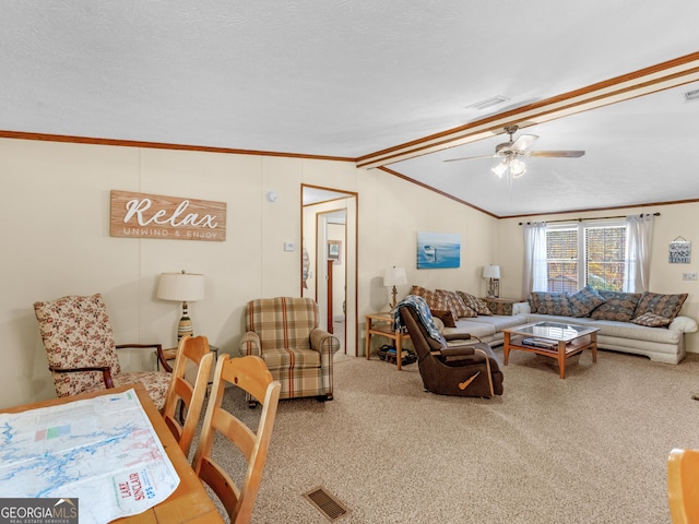 living room featuring crown molding and a textured ceiling