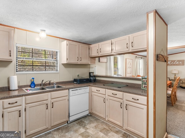 kitchen featuring light carpet, dishwasher, a textured ceiling, and sink