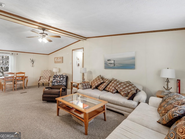 carpeted living room with a textured ceiling, crown molding, and lofted ceiling