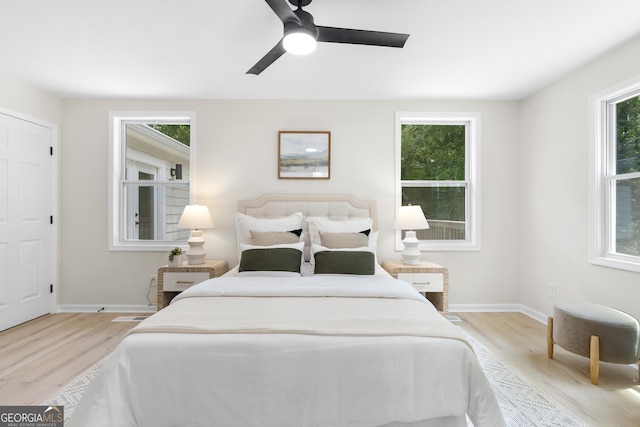 bedroom featuring ceiling fan and light hardwood / wood-style floors