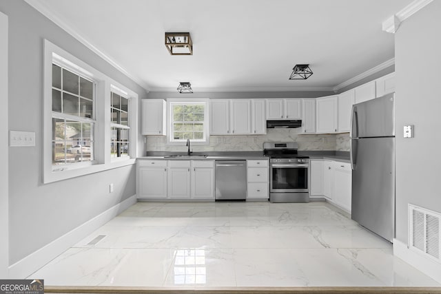 kitchen featuring crown molding, sink, white cabinets, and appliances with stainless steel finishes