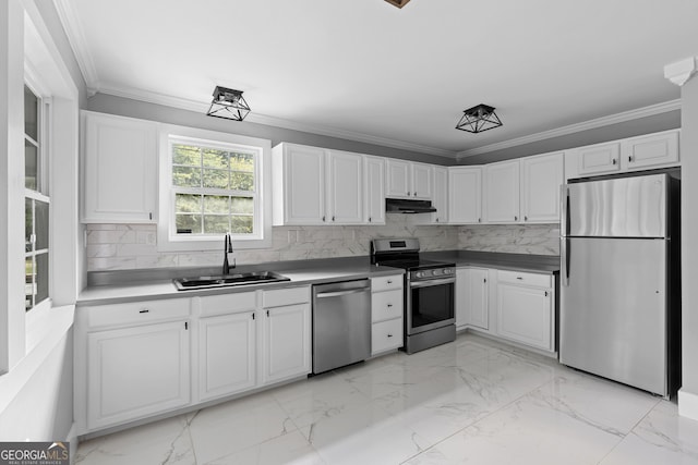 kitchen featuring white cabinetry, sink, ornamental molding, and appliances with stainless steel finishes