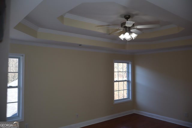 empty room featuring dark hardwood / wood-style floors, ceiling fan, a raised ceiling, and crown molding