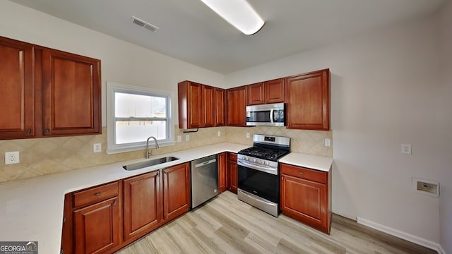 kitchen featuring decorative backsplash, sink, stainless steel appliances, and light hardwood / wood-style flooring