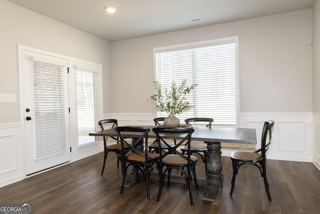 dining room featuring a wainscoted wall, visible vents, and dark wood-type flooring