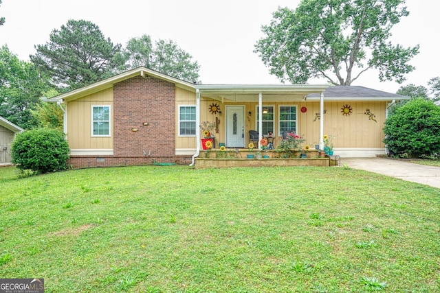 single story home with a front lawn and a porch