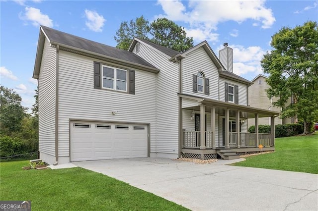 view of front of property with driveway, a chimney, a porch, an attached garage, and a front lawn