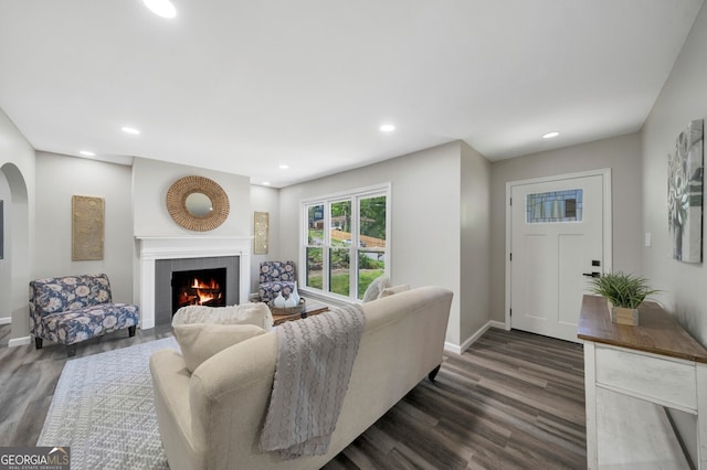 living room with dark hardwood / wood-style floors and a fireplace