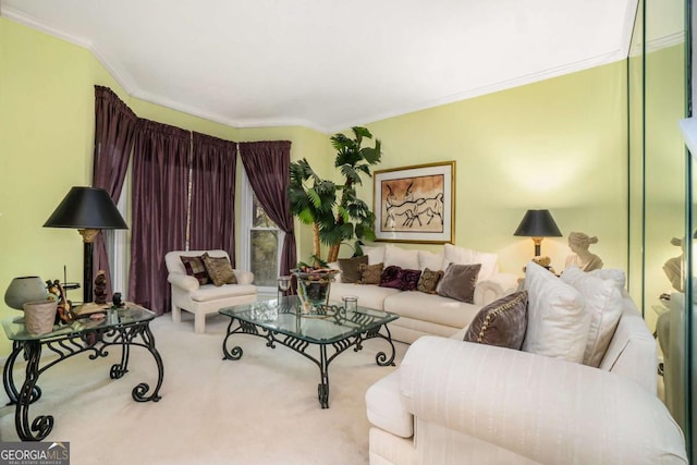 living room with carpet floors and ornamental molding