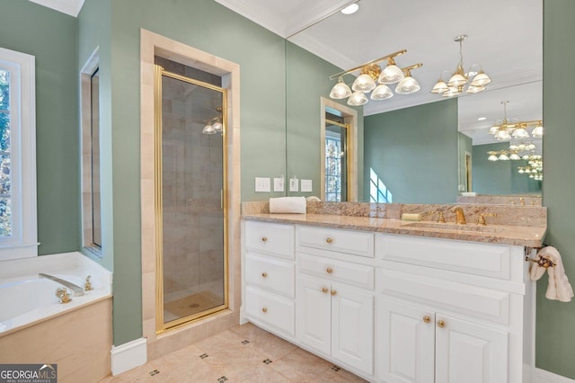 bathroom with tile patterned floors, vanity, crown molding, and plus walk in shower