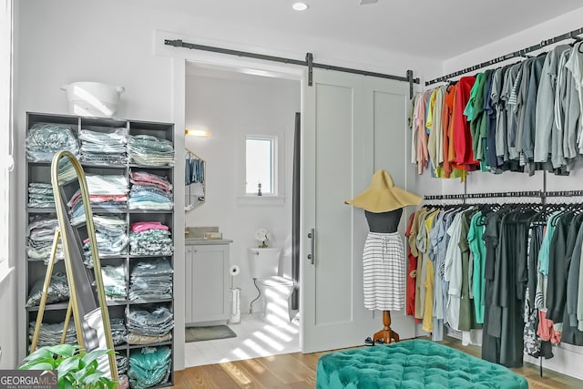 spacious closet with a barn door and hardwood / wood-style flooring