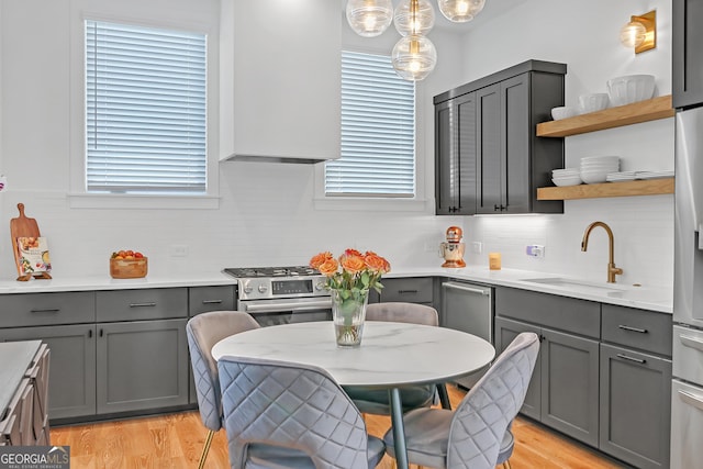 kitchen with stainless steel appliances, sink, a healthy amount of sunlight, and decorative light fixtures