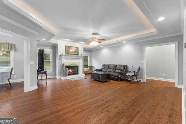 living room with hardwood / wood-style floors, ceiling fan, a raised ceiling, and ornamental molding