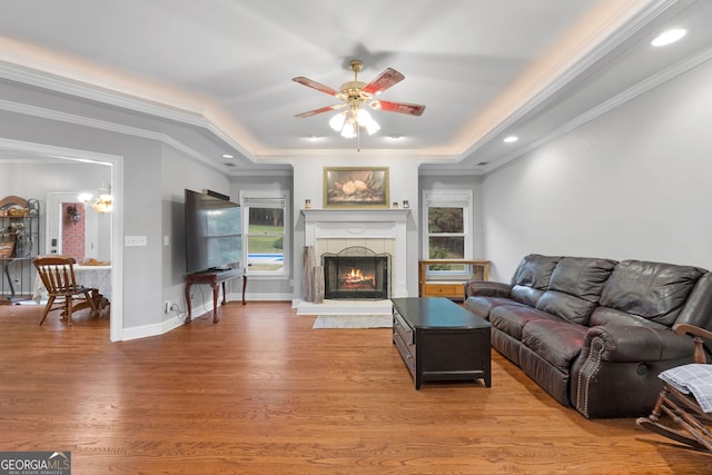 living room with hardwood / wood-style flooring, a raised ceiling, ceiling fan, and ornamental molding