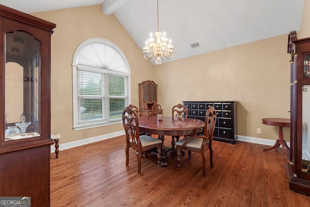 dining room featuring dark hardwood / wood-style flooring, lofted ceiling with beams, and a notable chandelier