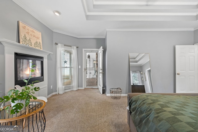 bedroom featuring carpet floors and crown molding