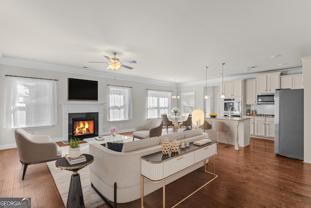 living room with sink, crown molding, dark hardwood / wood-style floors, and ceiling fan