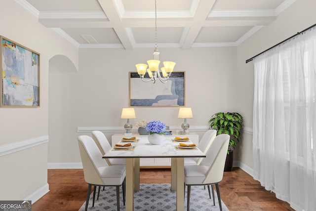 dining room with hardwood / wood-style flooring, coffered ceiling, a chandelier, and beam ceiling