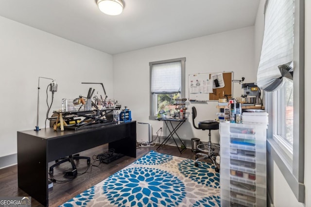 office space with dark hardwood / wood-style flooring