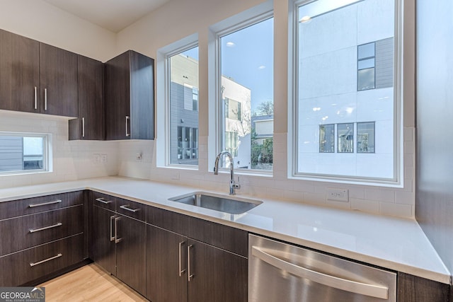 kitchen featuring backsplash, light hardwood / wood-style floors, stainless steel dishwasher, and sink