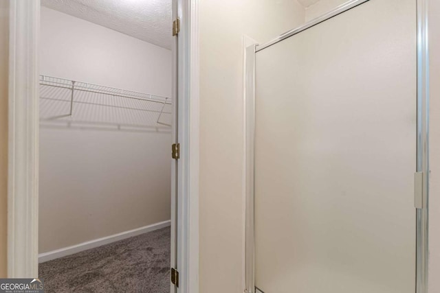 bathroom featuring a shower with shower door and a textured ceiling