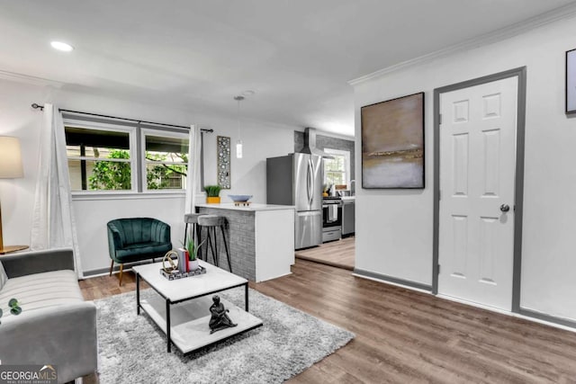 living room featuring hardwood / wood-style floors and crown molding