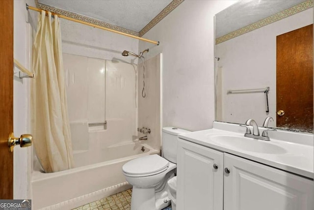 full bathroom featuring shower / bath combination with curtain, vanity, a textured ceiling, and toilet