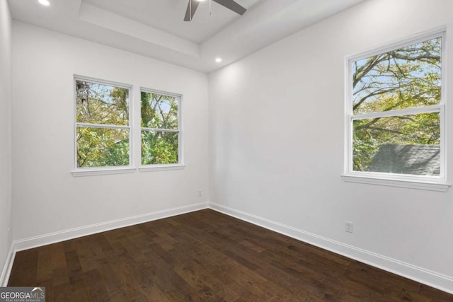 empty room featuring hardwood / wood-style floors, a raised ceiling, and ceiling fan