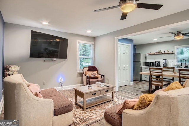 living room with a healthy amount of sunlight, light hardwood / wood-style floors, and sink