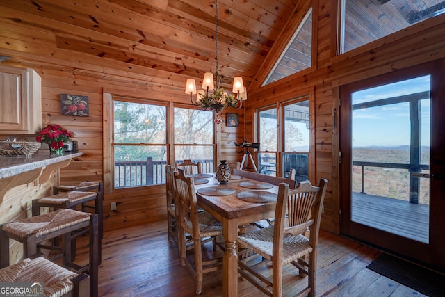 dining room with wood ceiling, wood-type flooring, high vaulted ceiling, an inviting chandelier, and wood walls